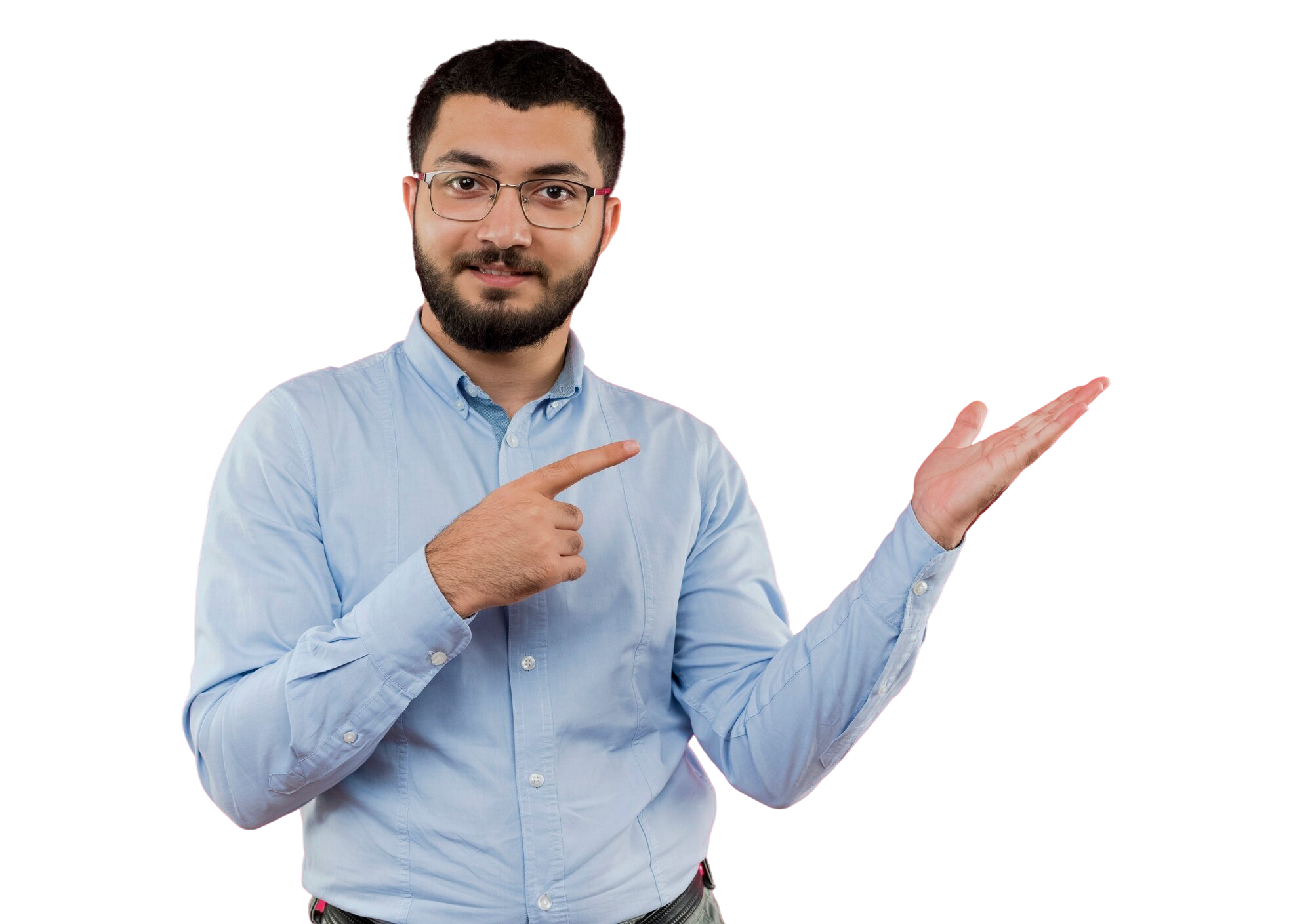 young bearded man glasses blue shirt presenting something with arm pointing with index finger side smiling confident
